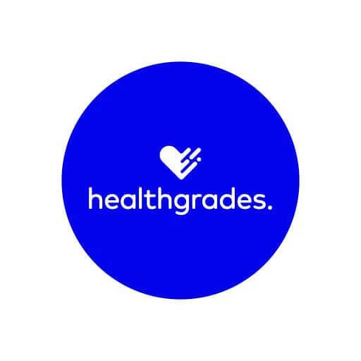 The image features a logo with a blue background and a white heart symbol inside a circle, accompanied by the text  Healthgrades  beneath it.