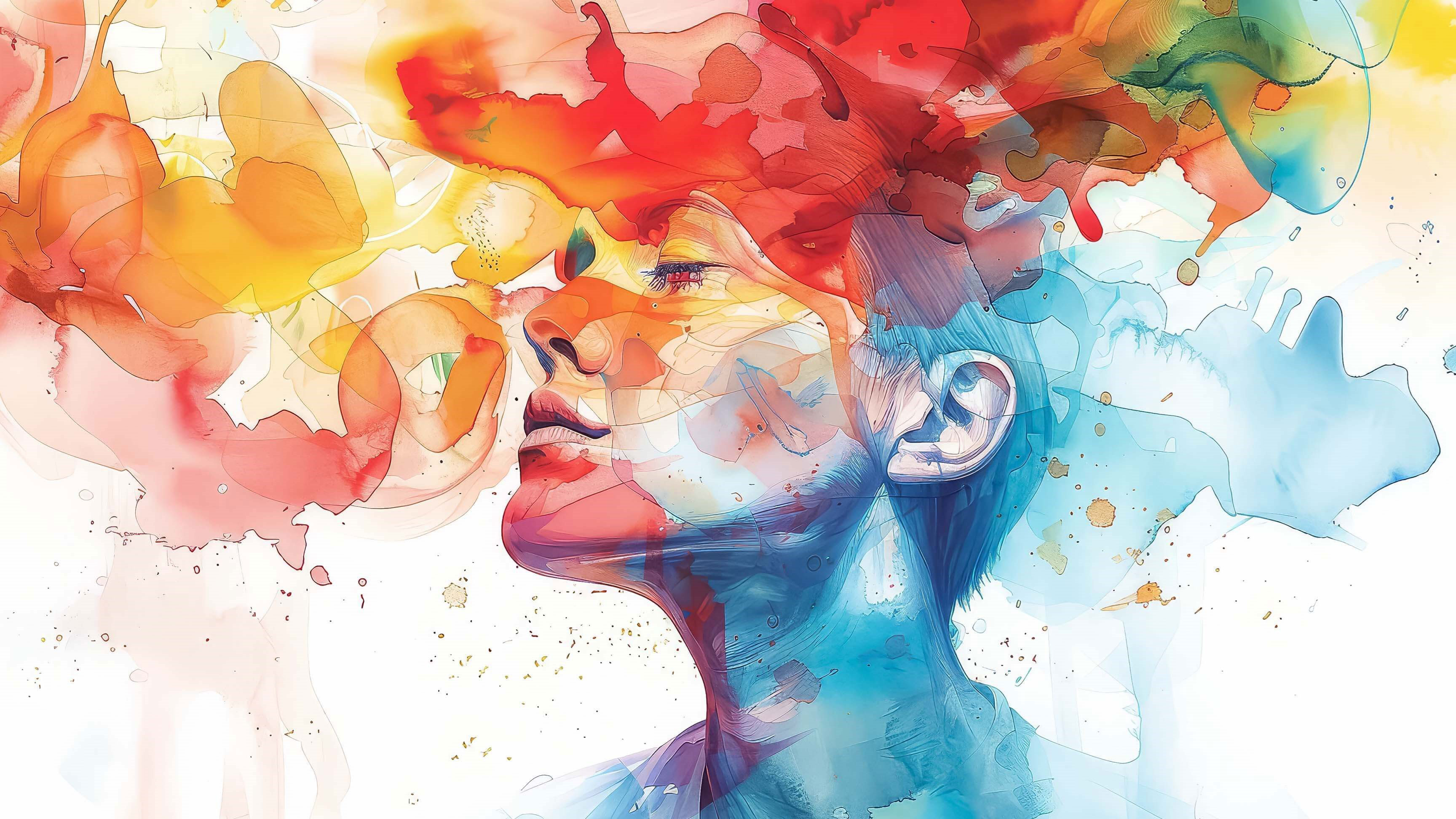 The image depicts a vibrant and colorful illustration featuring an abstract head with a face composed of various splashes and smears of paint, symbolizing creativity and artistic expression, set against a plain background.