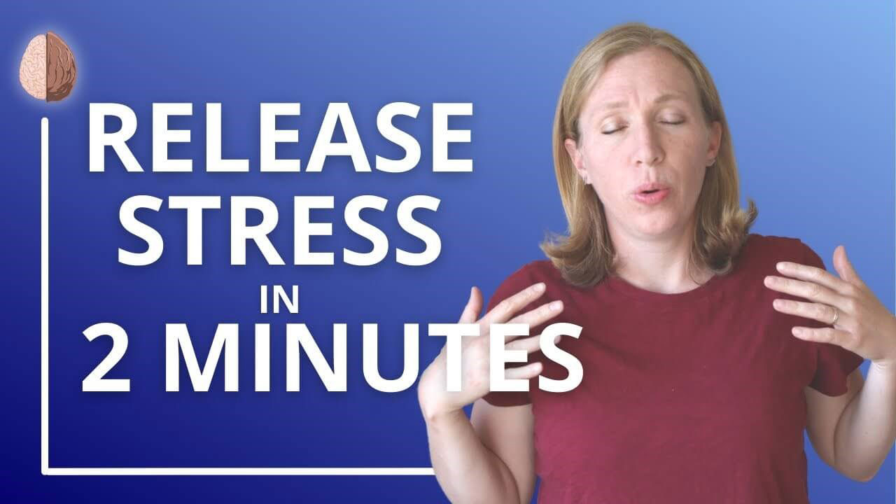 The image features a woman speaking into a microphone with text overlay that reads  RELEASE STRESS IN 2 MINUTES.