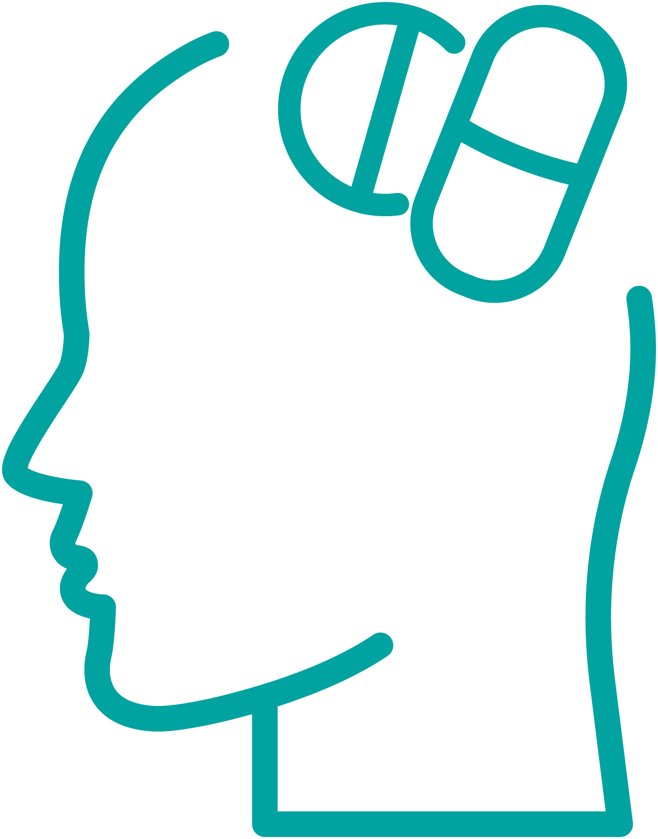 The image features a stylized silhouette of a human head with a large pill on top, set against a dark background with a light horizontal stripe at the top.