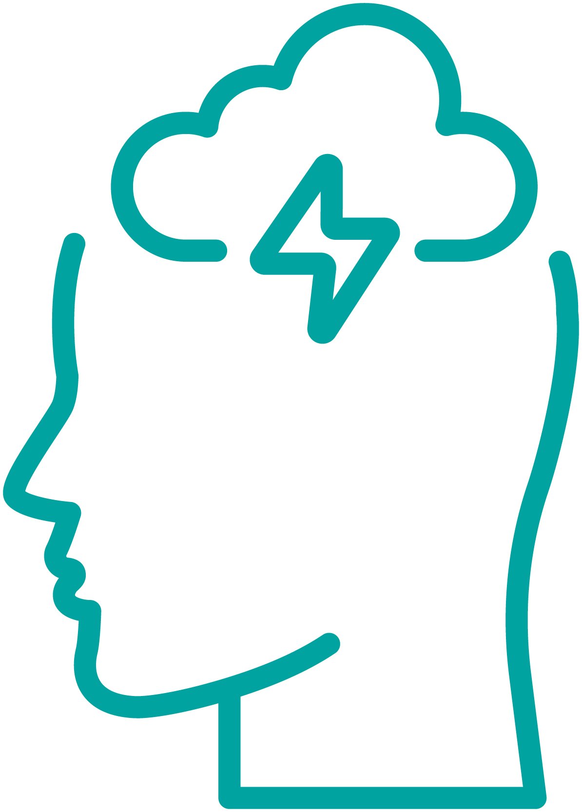 The image shows a stylized graphic of a human head with a simple outline, featuring a thought bubble above it with a lightning bolt inside, suggesting a concept related to ideas or inspiration.