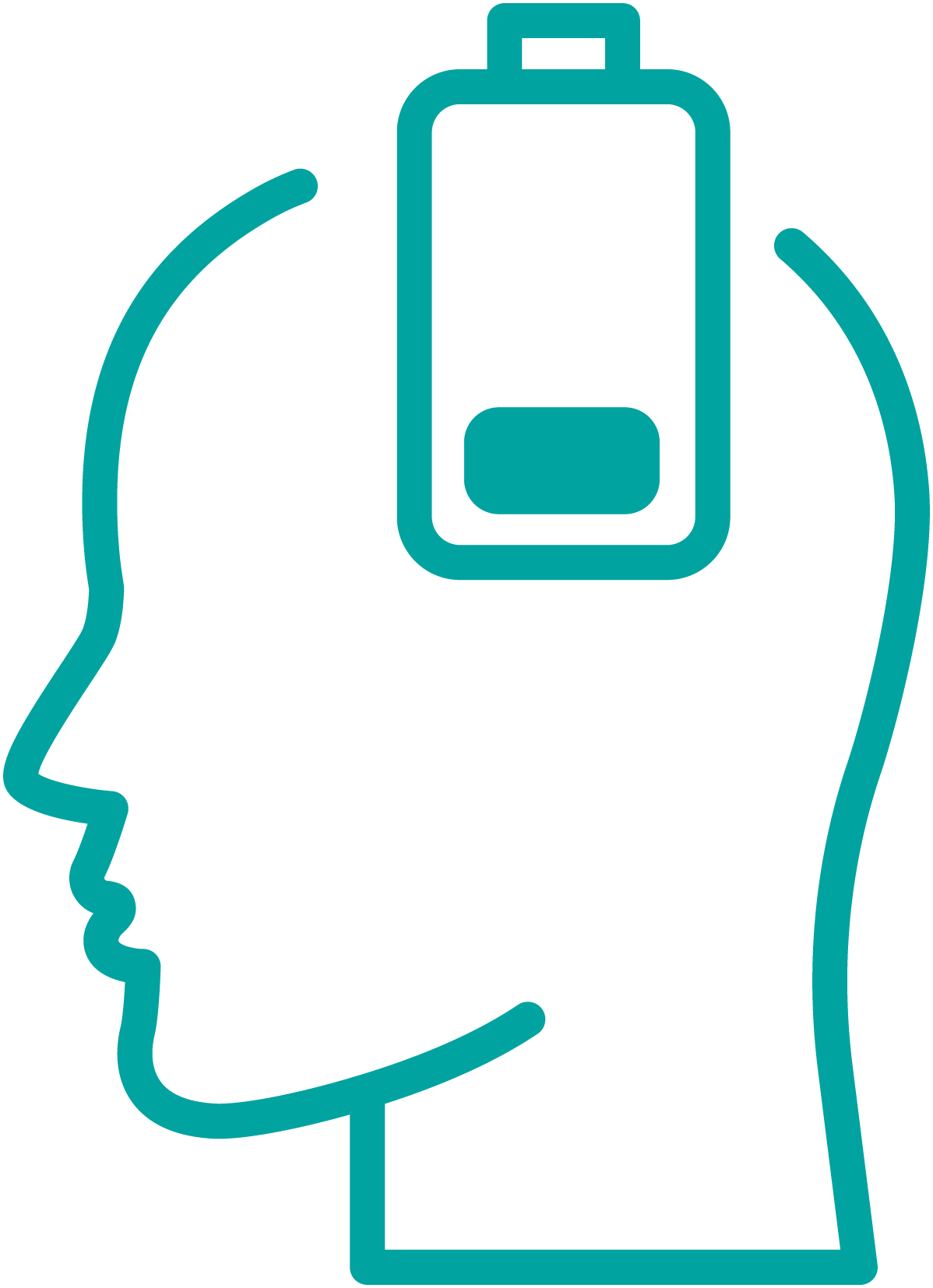 The image displays a graphic representation of a human head with an icon of a phone battery on top, suggesting a connection between technology and mental health.