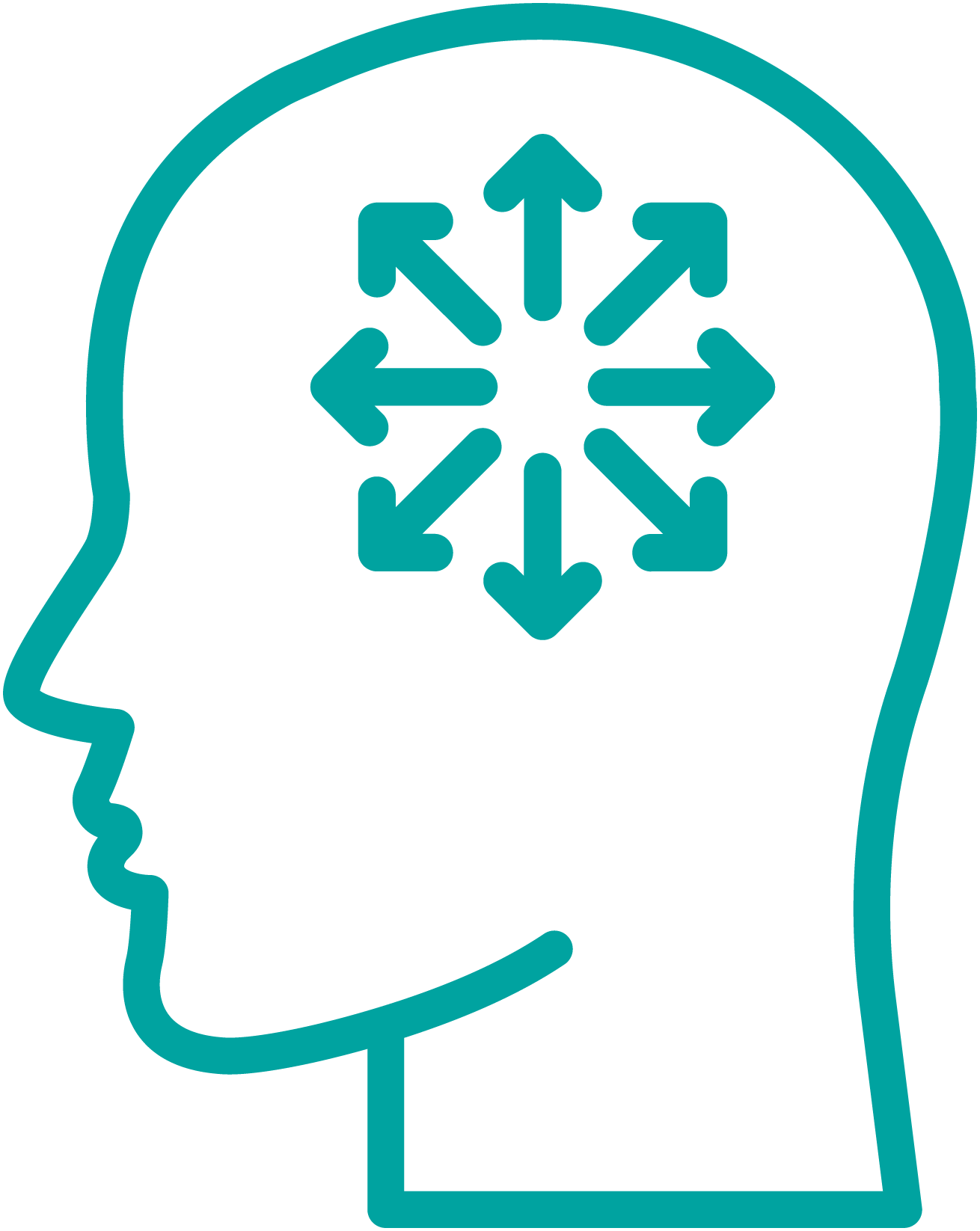 The image shows a stylized human head icon with a central circular pattern featuring multiple arrows pointing outward, suggesting directions or options.